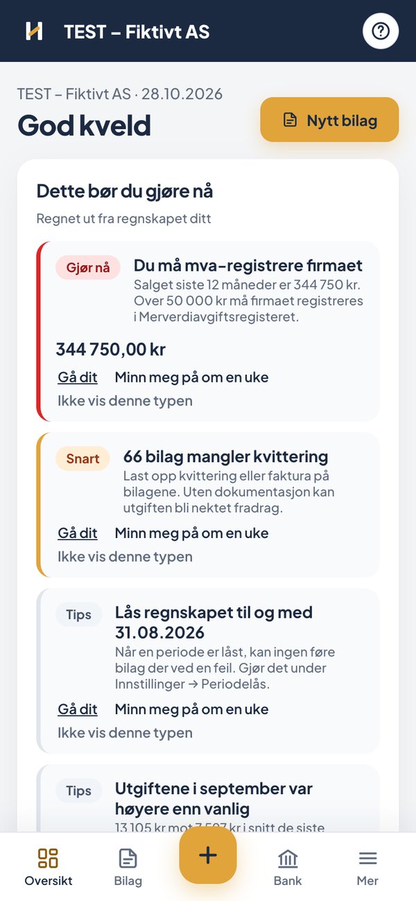 Regnskapsprogrammet på mobil, med oversikten og knapp for nytt bilag