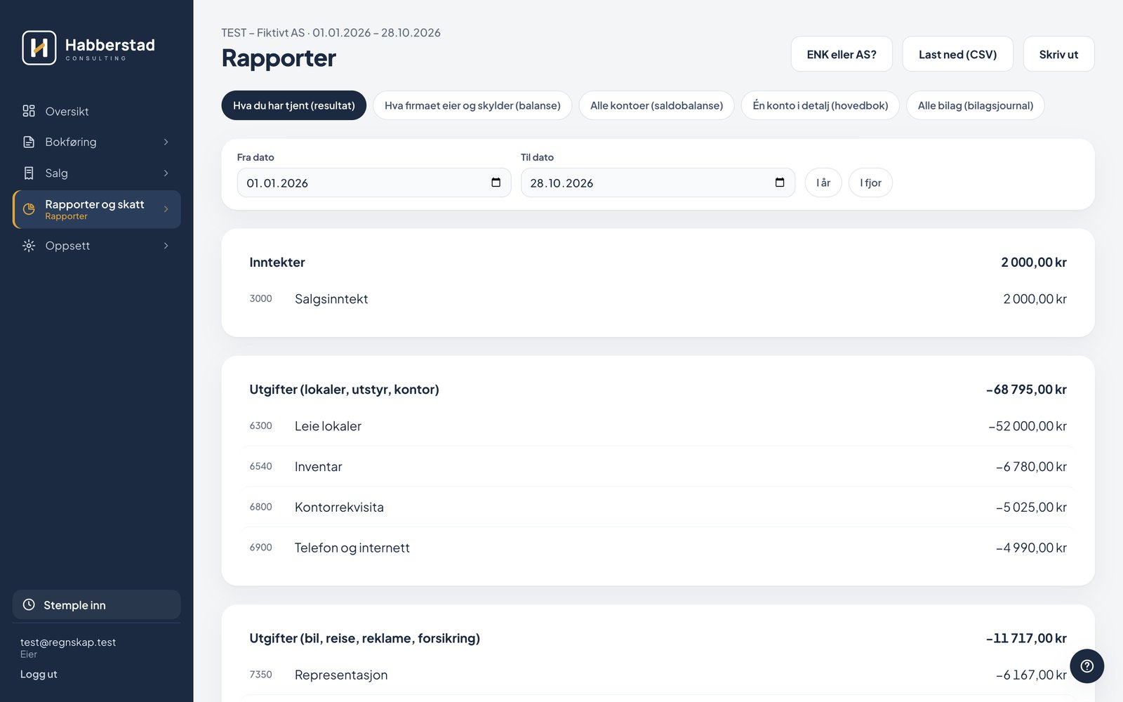 Rapportsiden i regnskapsprogrammet med resultat, inntekter og utgifter per konto